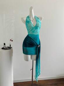 Flirla Vacation Style Tie Neck Tie Dye Print Mini Dress - Blue - View 4