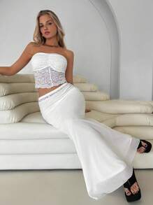 Roylia Set 2 Potong Atasan dan Rok Bandeau Renda untuk Wanita - Putih - View 6