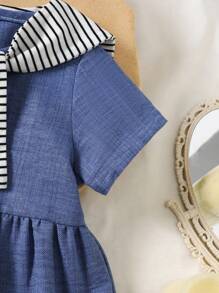 SHEIN Elladie kids 2pcs/Set Baby Girl Spring&Summer Short Sleeve Imtate Denim Dress & Shawl - Blue - View 4