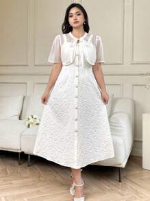 SHEIN Clasi Plus Size White,Summer,Elegant,Silky,Wedding Guest Sheer Front Tie Cardigan & Jacquard Slip Dress Set,Teacher Outfits Back To School Korean Style - Apricot - View 4