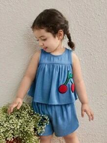 Blossori Baby Girls Countryside Style Cherry Pattern Sleeveless Top And Shorts Set - Blue - View 6