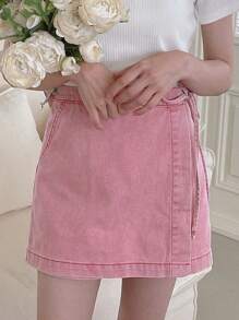 DAZY 女士粉色系带牛仔短裙，夏季