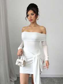 SHEIN LUNE 女款優雅性感純色單肩綁帶迷你洋裝，適合外出夜店，白色，秋季 - 白色 - 查看 6