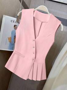 SHEIN Clasi Chaleco de mujer talla grande elegante y romántico con botones, cuello en V y bajo asimétrico con volantes en color liso, adecuado para el trabajo