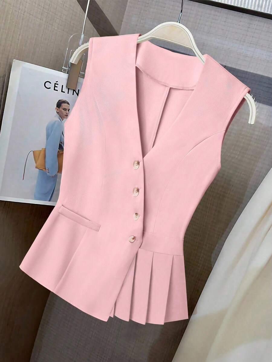 SHEIN Clasi Chaleco de mujer talla grande elegante y romántico con botones, cuello en V y bajo asimétrico con volantes en color liso, adecuado para el trabajo