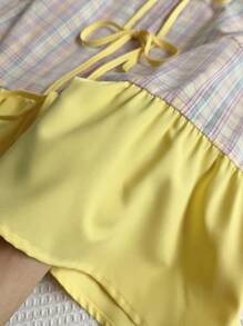 SHEIN EZwear Camisa sin mangas a cuadros de dos tonos amarillo mantequilla en talla grande para verano al aire libre