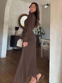 Cloudara 休闲风格，亚麻外观，系腰带长衬衫裙，适合端庄 - 棕色 - 查看 2