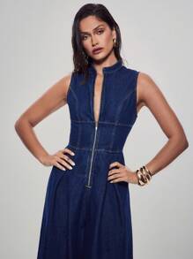 Denimoi 无袖拉链阔腿牛仔连体裤 - 深色水洗藍 - 查看 3