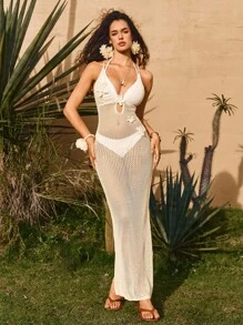 Swim Chiccia Women's White Elegant Crocheted Open Back Dress For Summer Beach Vacation - White - View 3