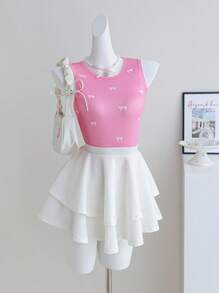 Sparklyn 3 件套青少年女孩背心，休闲优雅度假乡村郊游，买 1 送 3，3 件粉色，细肩带短款上衣配蝴蝶结刺绣花朵，春夏 - 彩色 - 查看 5