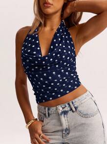 SHEIN BAE Camiseta de punto holgada con cuello halter de malla marrón minimalista, adecuada para uso casual, ir al trabajo, citas, salir con amigos, vacaciones en Italia y diversas ocasiones en primavera y verano