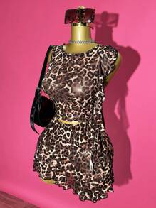 Slaydiva Spring And Summer New Casual Street Sexy Round Neck Sleeveless Short Two Pieces Set Pleated Ruffle Vest Top + Asymmetrical Hem Ruffle Mini Skirt Hip Skirt Brown Leopard Print Full-Frame Print Mesh Suit Women's Two Pieces Set Y2k Two Piece Set Leopard Print Outfit Women Cute Two Piece Set Leopard Print Two Piece Set Animal Print Outfit - Brown - View 3