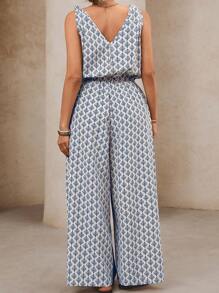 SHEIN VCAY Plus Size Women's All-Over Print Buttoned Pockets Wide Leg Sleeveless Jumpsuit, Vacation Wear - Blue - View 2
