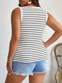Elaquor Plus Size Striped Slim Fit Round Neck Summer Boho Tank Top - Black and White - View 2