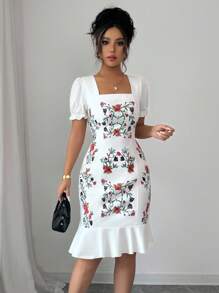 Rafferiza Đầm midi cổ vuông in hoa tay ngắn cho nữ, thanh lịch mùa hè - trắng - Xem 4
