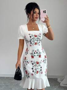 Rafferiza Đầm midi cổ vuông in hoa tay ngắn cho nữ, thanh lịch mùa hè - trắng - Xem 5