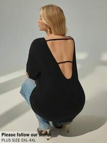 Auralis Plus Solid Backless Drop Shoulder Tee - Black - View 1