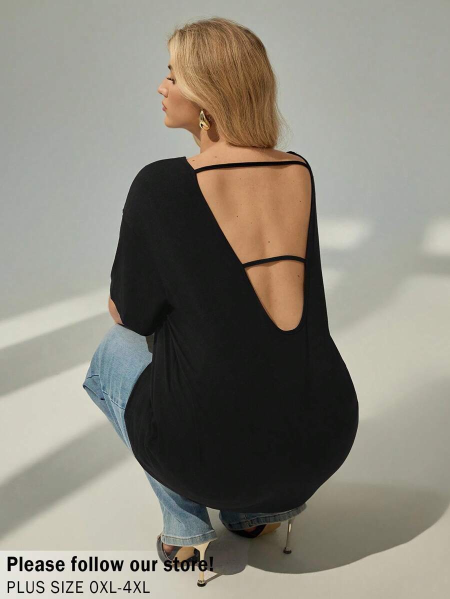 Auralis Plus Solid Backless Drop Shoulder Tee - Black - View 1