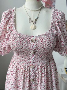 Sweetra Plus Size Square Neck Ruffle Hem Ditsy Floral A-Line Dress