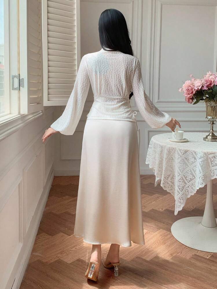 Elegant Lace V-Neck Lantern Sleeve Blouse & Skirt 2 Pieces Set For Women