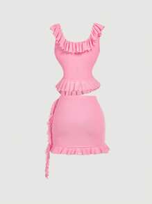 SHEIN MOD 2pcs Women Hot Pink 3D Flower Set ,Club Outfits,Concert Women Outfit,Pink Outfit,Going Out Sets,Old Money Outfits,Festival Set,Back To School, Pink Mini Dress - Pink - View 2