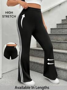 SHEIN PETITE CURVE 女式加大码拼布侧开衩喇叭裤 - 黑色 - 查看 1