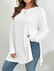 SHEIN Essnce 大码女装秋冬时尚休闲宽松舒适日常保暖柔软白色开衩长袖T恤，白色上衣，秋季，简约风格，外出上衣 - 白色 - 查看 4