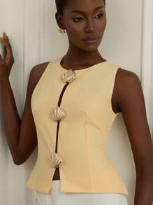 Chiquease Metal Shell Button Decor Women's Slim Fit Hollow Design Round Neck Tank Top, Elegant Look - Yellow - View 5