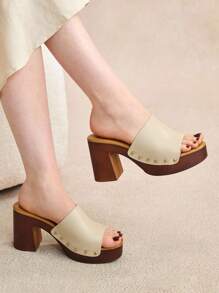 Rosivie Women's Beige Simple Round Toe Thick Heel Mid-Heel Pumps, Elegant, Leisurely, Comfortable, Slip-On, Suitable For Office, Commuting, Dates, Banquets, Dances, Vintage, Formal Occasions