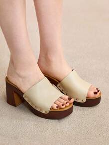 Rosivie Women's Beige Simple Round Toe Thick Heel Mid-Heel Pumps, Elegant, Leisurely, Comfortable, Slip-On, Suitable For Office, Commuting, Dates, Banquets, Dances, Vintage, Formal Occasions