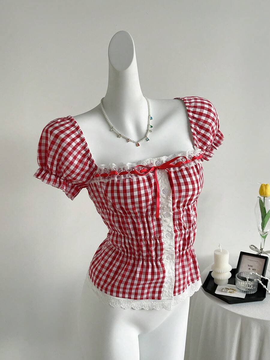 Sweetra French Square Collar Lace Trim Plaid Print Fitted Short Sleeve Blouse With Puff Sleeves Design For Women