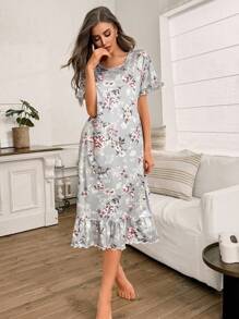 SHEIN Camisola Feminina Curta com Manga Curta e Babado Estampa de Galho Botânico, Vestido de Dormir Moo Moo - Cinza - Visão 6