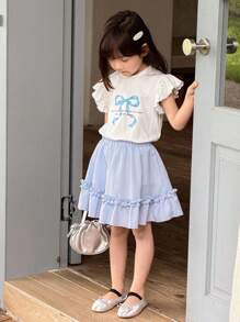 SHEIN Young Girl Casual Bowknot Ruffle Sleeve T-Shirt/Mini Skirt Set - Blue and White - View 2
