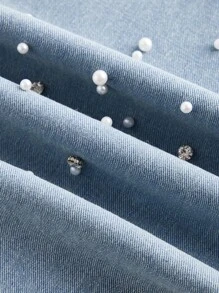 SHEIN MOD Quần Jeans Denim Đơn Giản Thường Ngày Có Túi Cài Nút Phía Trước Cho Nữ Trang Trí Ngọc Trai Giả - Màu xanh lam - Xem 3