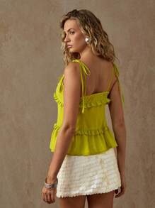 Glamine Sexy grünes transparentes Mesh-Crop-Top mit Rüschentrimm und Bindedetail für Frauen, heißes grünes durchsichtiges Top für Club, Nachtausgang, Party, Sommer, Strandurlaub, schicke geschichtete Rüschen Mode für Urlaubsdate - Olivgrün - Übersicht 2