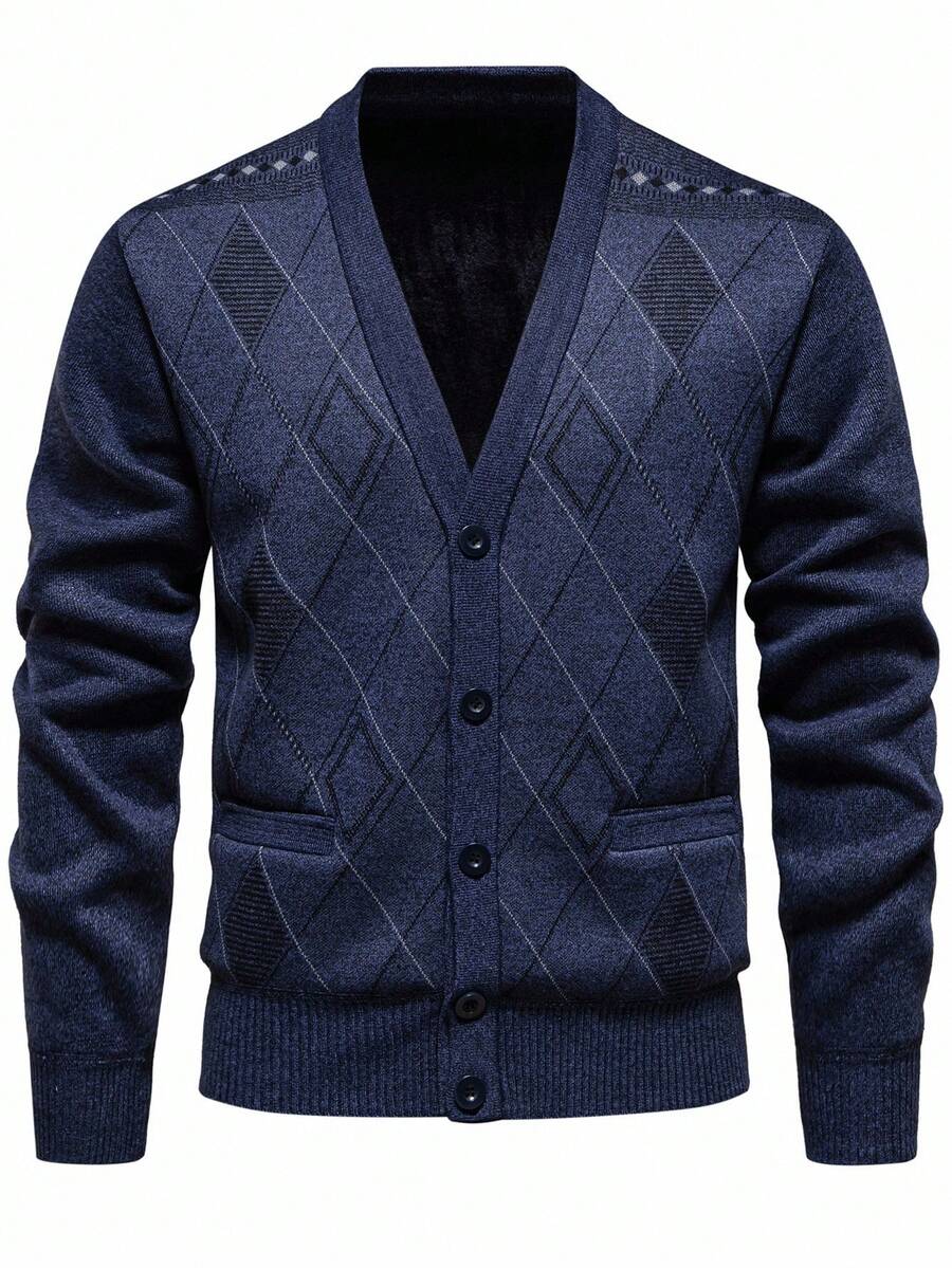 Manfinity Mode 男士针织抓绒开衫，V领，秋冬长袖上衣 - 藏蓝色 - 查看 1