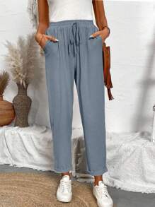 Breezaya Femmes Pantalon Long de couleur unie avec cordon de serrage pour le printemps et l été - Bleu azur - Voir 5