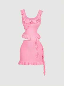 SHEIN MOD 2pcs Women Hot Pink 3D Flower Set ,Club Outfits,Concert Women Outfit,Pink Outfit,Going Out Sets,Old Money Outfits,Festival Set,Back To School, Pink Mini Dress - Pink - View 1