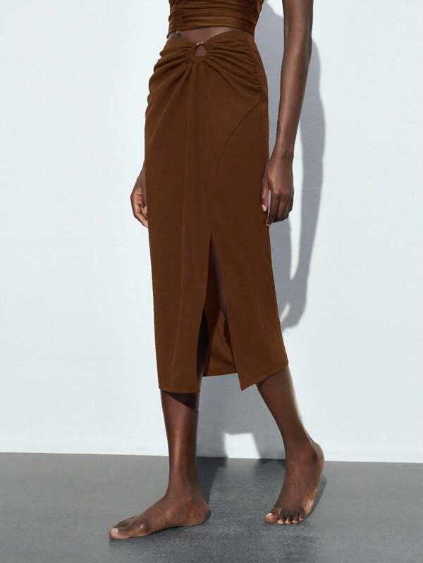 Maija 2025 Summer New Versatile Waist Gathered Metal Buckle Accent Casual Beach Holiday Romantic Urban Vacation Skirt, Suitable For Outings, Parties, Weddings, Graduation Brown Midi Skirt Ruched Skirt Skirt With Slit Tie Skirt Brown Skirt