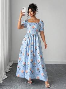 Elenzga Plus Size Women Floral Print Square Neck Puff Sleeve Elegant Romantic Palace Style Dress