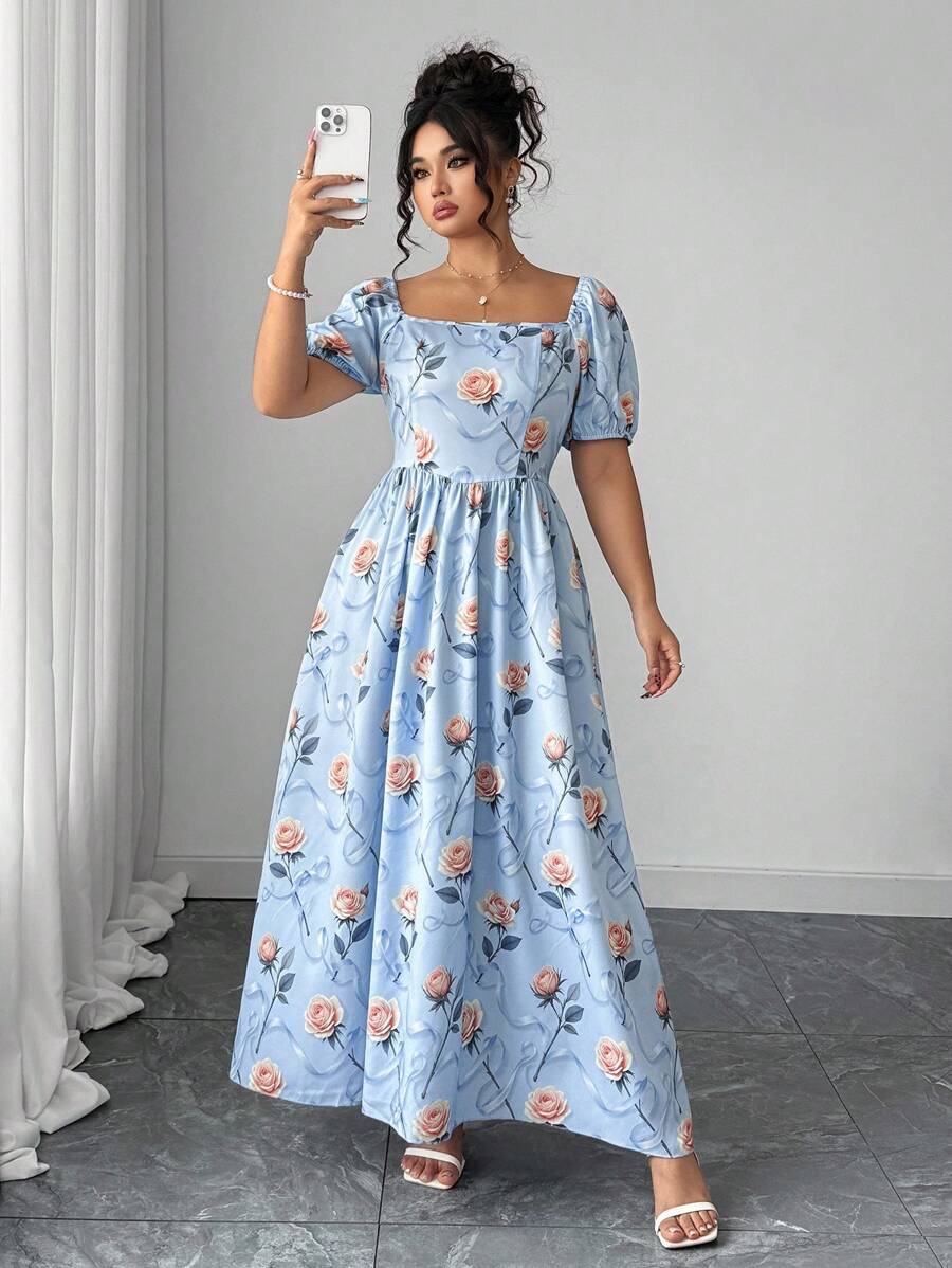Elenzga Plus Size Women Floral Print Square Neck Puff Sleeve Elegant Romantic Palace Style Dress