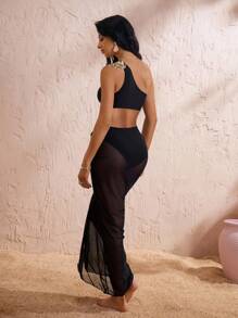 Swim Oasis Elenzya 3 件套女式夏季泳衣套装 - 纯色单肩金叶设计高腰比基尼泳裤和扭纹前开襟沙滩裙，性感别致的度假泳装 - 黑色 - 查看 5