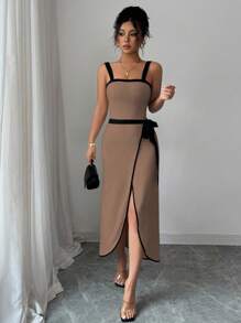 Chiquease 优雅撞色装饰吊带背心连体裤，搭配不对称系带下摆裙，女式两件套 - 棕色 - 查看 4