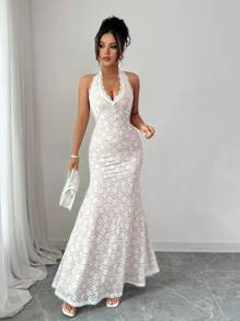 Selianne Women's Elegant Lace Backless Halter Dress - Multicolor - View 4