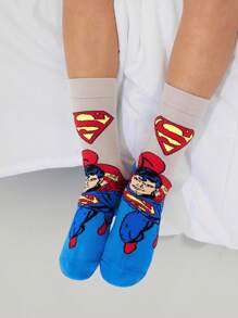 SUPERMAN X SHEIN 3 双棉质条纹卡通男童中筒袜，加固脚趾和脚跟，经久耐用，适合上学和日常穿着，蓝色