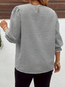 SHEIN Clasi 大码女式复古格子灯笼袖休闲优雅衬衫 - 黑與白 - 查看 2