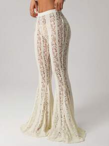 SHEIN ICON Women's White Y2K Sexy Low Waist Full Lace Exaggerated Flared Leg Skinny Tight Fitting Sexy Pants - White - View 4