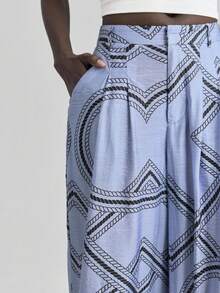Ontre Khaki Summer Geometric Print Loose Casual Textured Wide Leg Pants With Tassel Drawstring And Pockets - Blue - View 7
