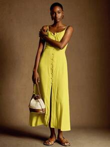 Écloséra Fashion French Retro Simple Open Waist A-Line Back Straps New Summer Style Linen Texture Soft Fabric Ladies Yellow Suspender Dress Medium Long Skirt Butter Yellow Dress Suspender Dress Shirt Dress Summer Casual Clothing Summer Clothes