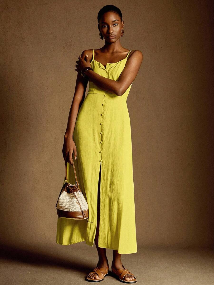 Écloséra Fashion French Retro Simple Open Waist A-Line Back Straps New Summer Style Linen Texture Soft Fabric Ladies Yellow Suspender Dress Medium Long Skirt Butter Yellow Dress Suspender Dress Shirt Dress Summer Casual Clothing Summer Clothes